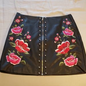 Leather Embroidered Rose Miniskirt